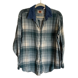 Vintage Route 66 Plaid Flannel Button Down Shirt Denim Collar Size Men's Large
